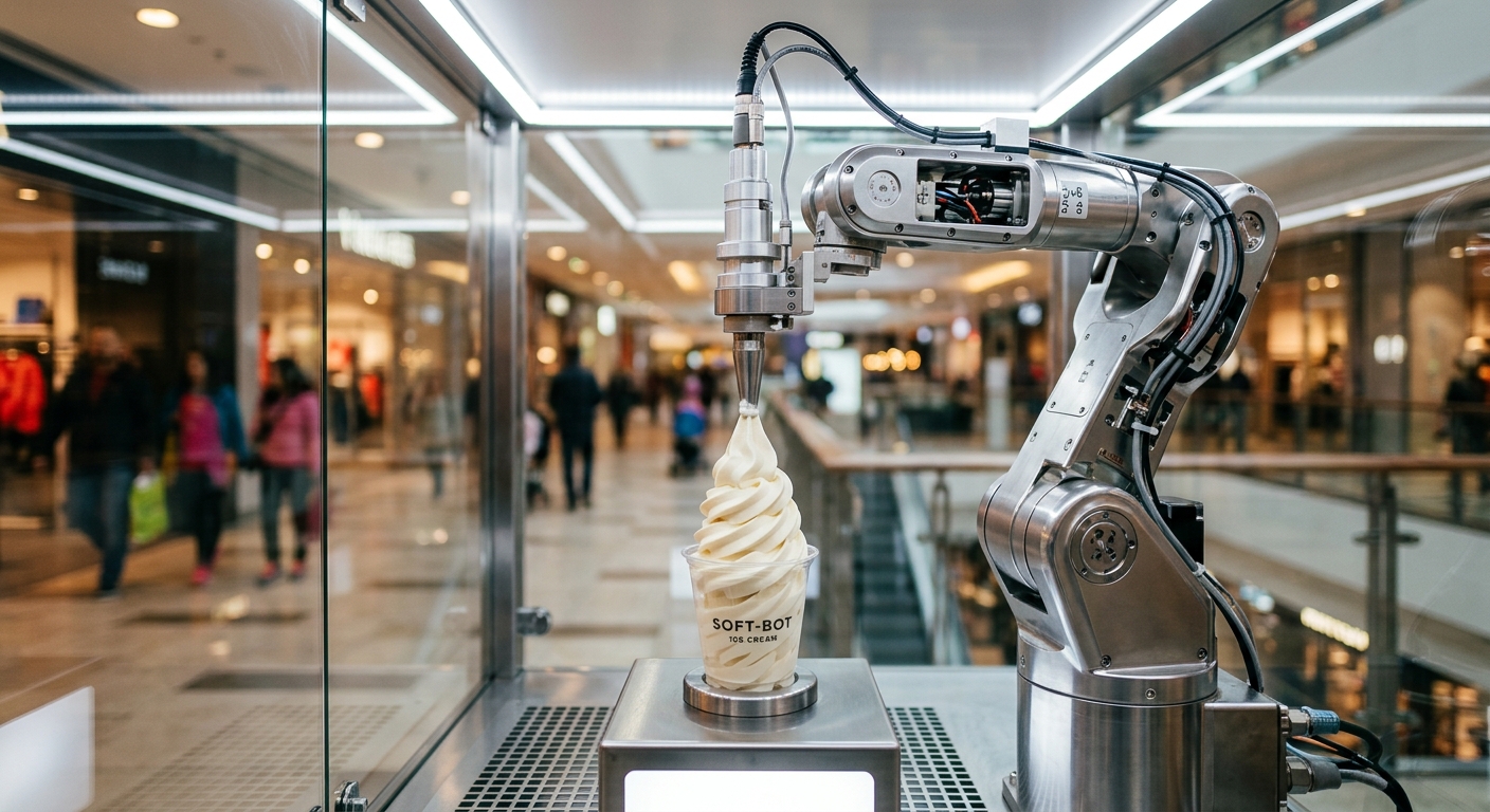 Robotic arm dispensing a soft-serve ice cream swirl inside a vending machine