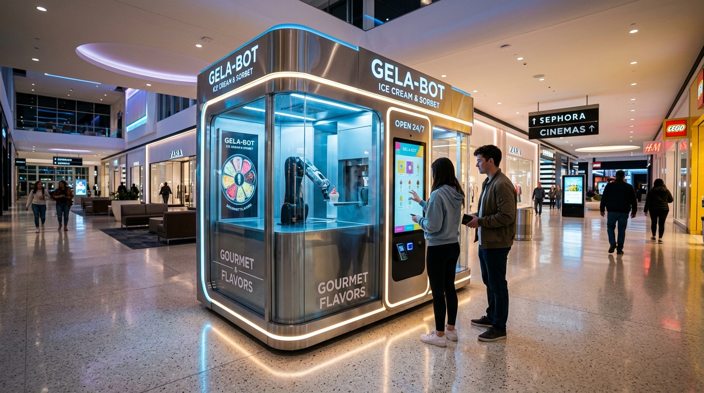 Unattended robotic ice cream vending machine operating at night in a shopping mall