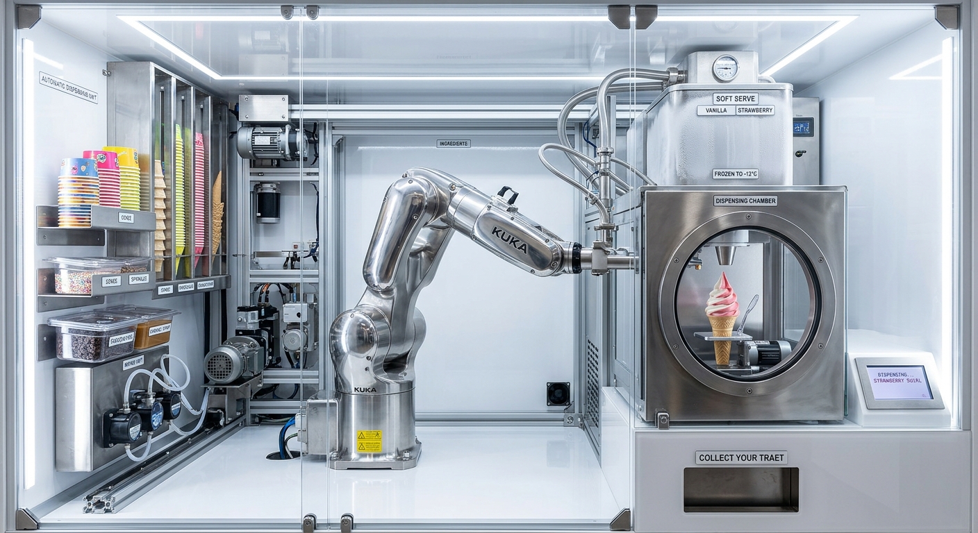 Sealed interior dispensing chamber of a robotic ice cream vending machine