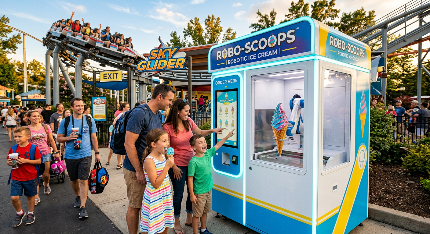 Robotic ice cream vending kiosk at an amusement park ride exit