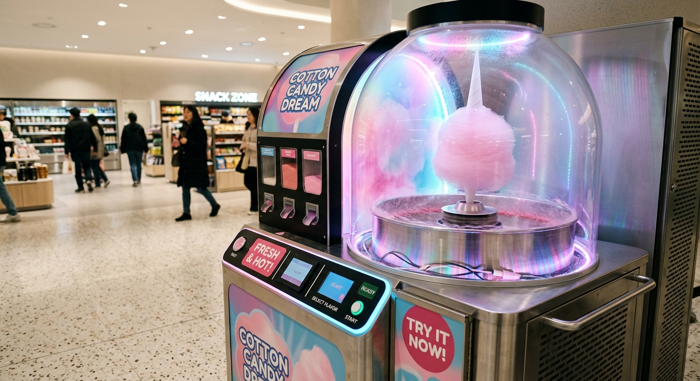 Close-up of a commercial automatic cotton candy vending machine with glass dome