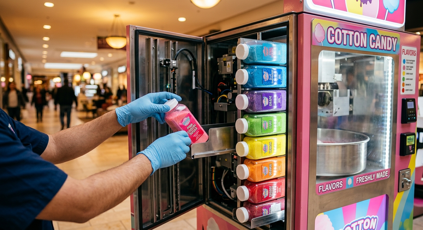 Operator refilling colorful flavored sugar containers into a cotton candy vending machine