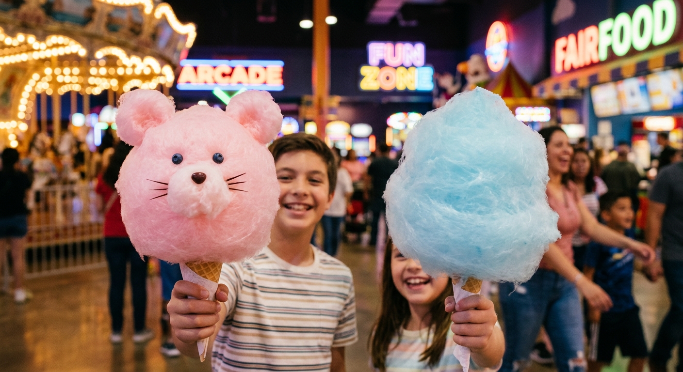 Freshly made bear-shaped pink and blue cotton candy on sticks