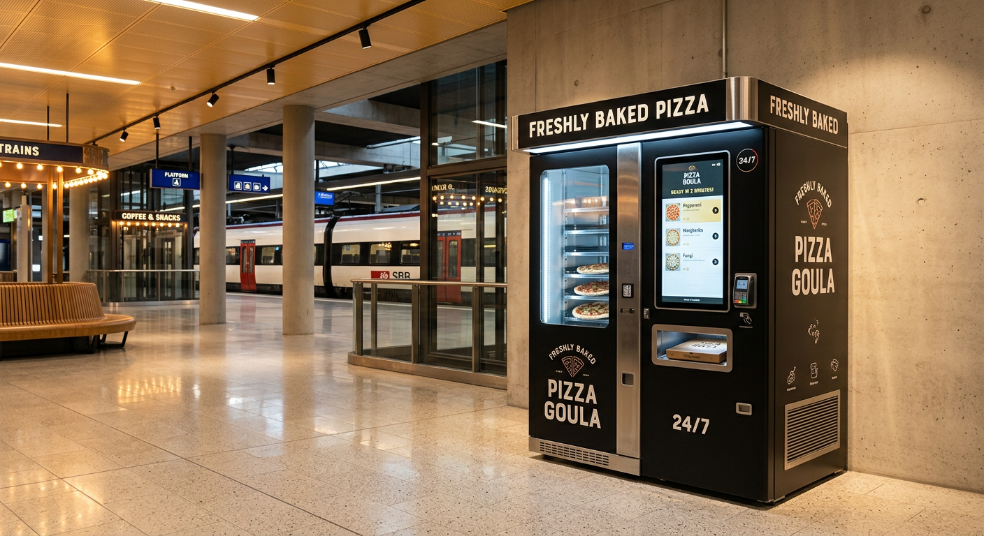 Automatic pizza vending machine installed in a busy transit hall
