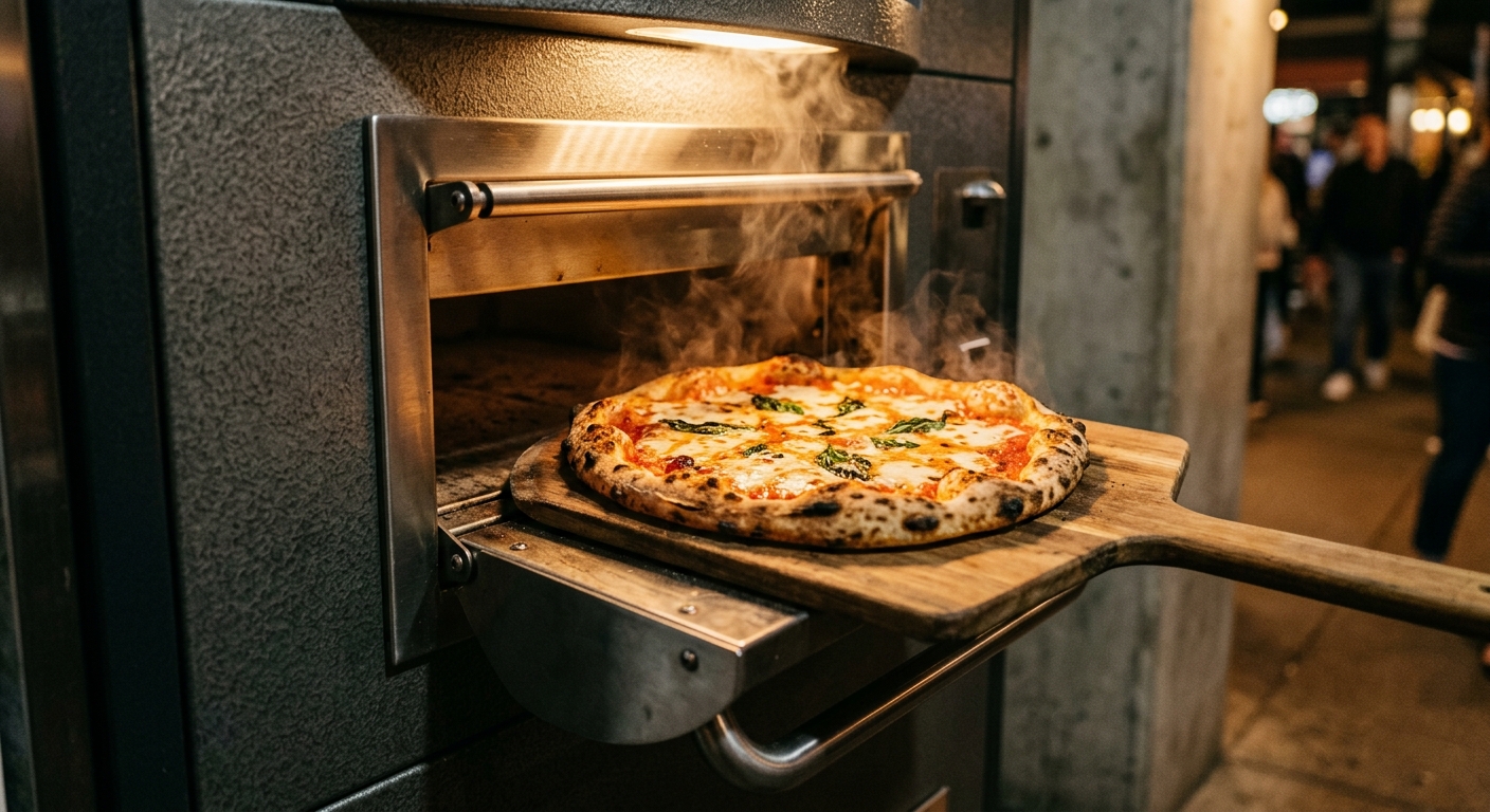 Freshly baked pizza dispensed from a vending machine