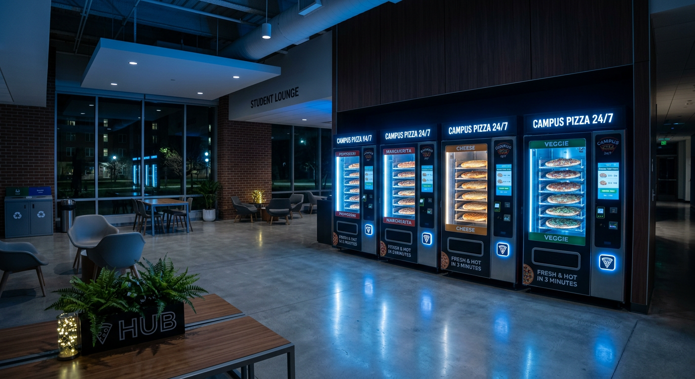 Pizza vending machines in a university dormitory at night
