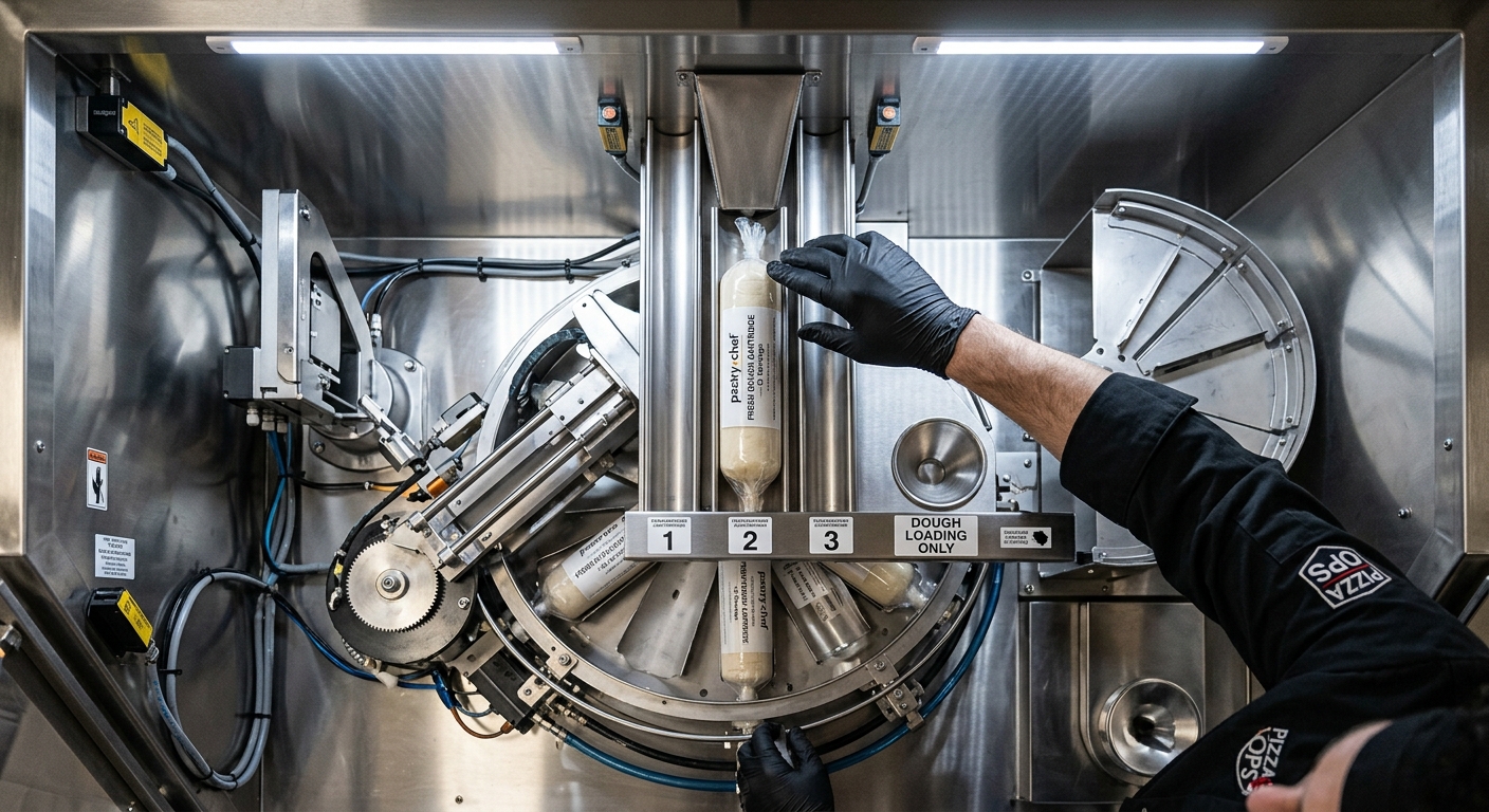 Operator restocking ingredient cartridges in a pizza vending machine