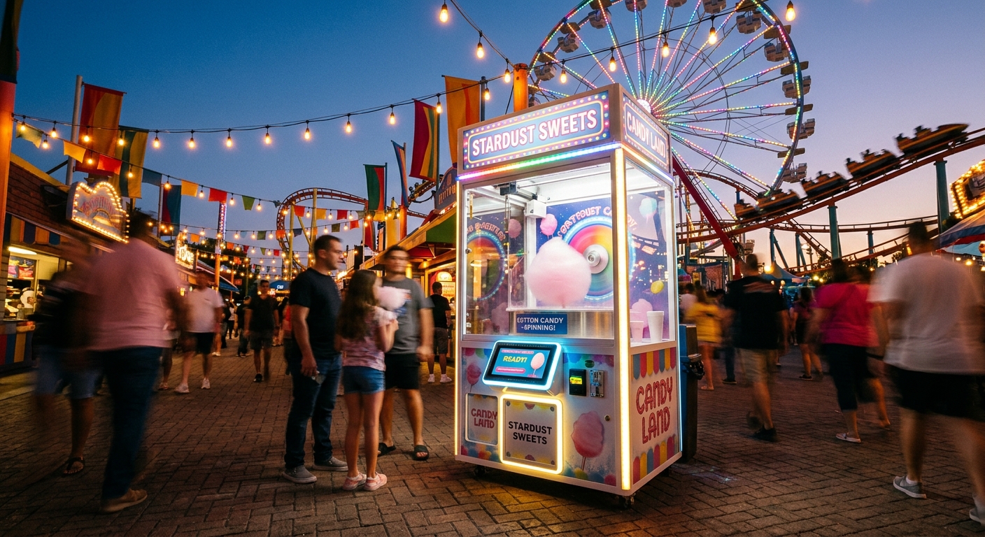 Cotton candy vending machine in a colorful amusement park setting