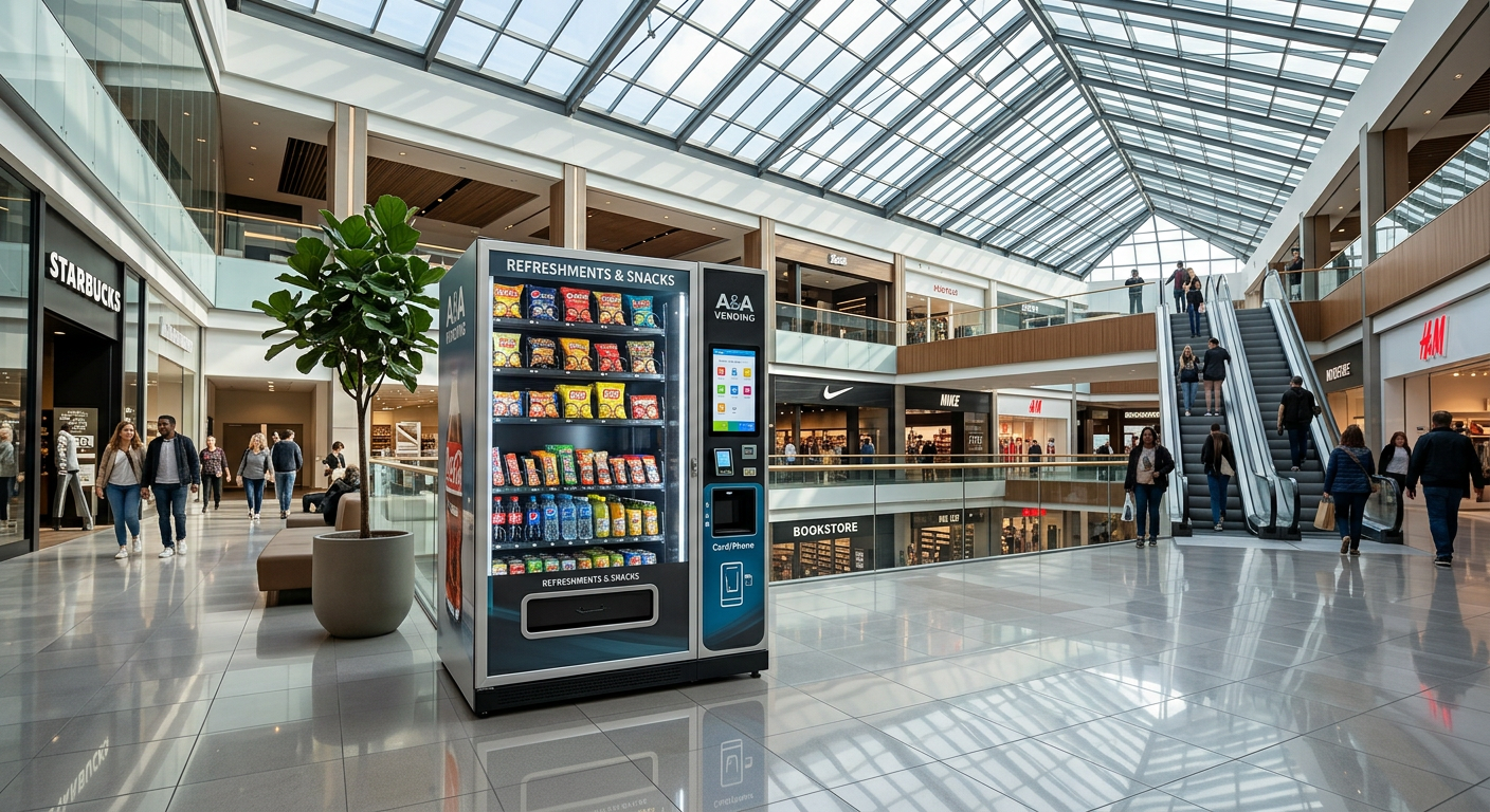 Automatic vending machine in modern shopping mall atrium