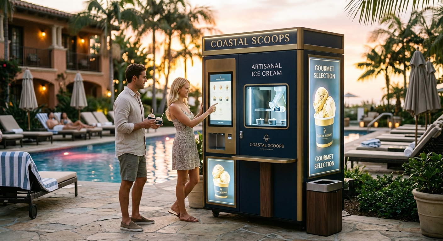 Ice cream vending machine beside a luxury hotel pool