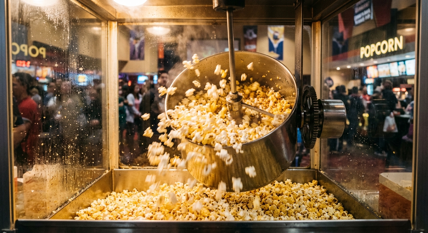 Fresh popcorn popping inside a commercial vending machine chamber