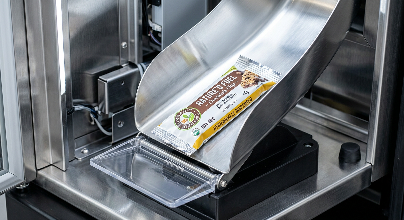 Stainless steel hygienic interior of a popcorn vending machine dispensing chute