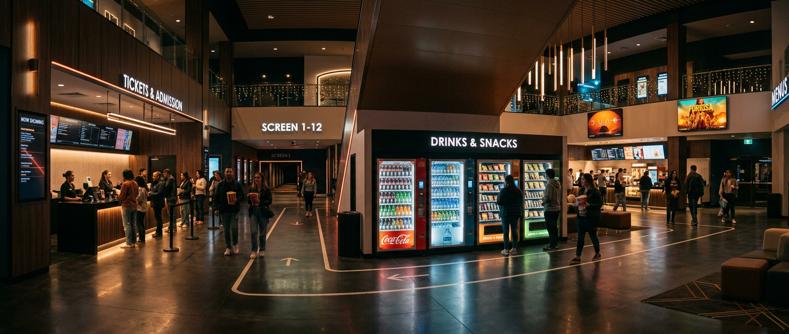 Vending machines positioned along cinema lobby walking path near ticket counters