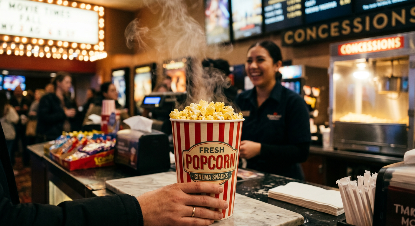 Fresh cup of cinema popcorn with steam rising near concession counter